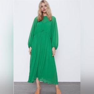 Zara Kelly Green Sheer Pleated Balloon Sleeve Dress M L